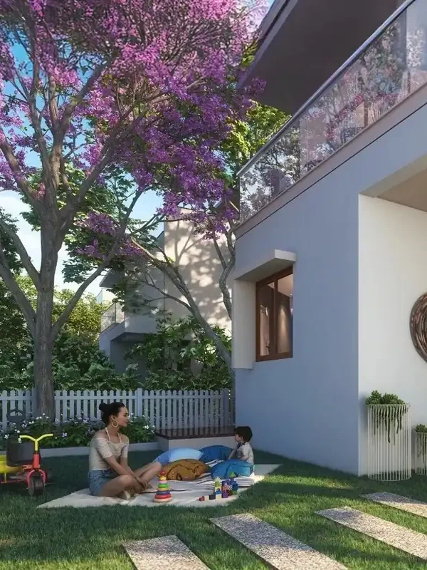 Private rear garden and terrace of an NVT A Wonderful World Eterna villa with a family on the lawn, developer artist impression