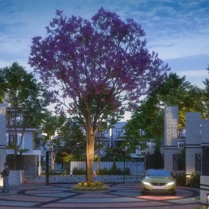NVT A Wonderful World Eterna entrance gate at dusk beneath a flowering jacaranda, developer artist impression