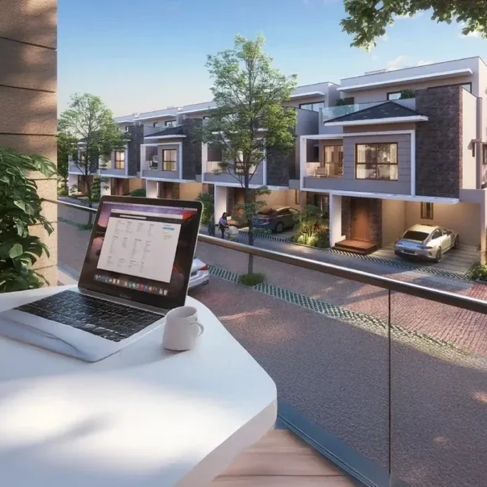 Villa balcony set up as a workspace, developer artist impression