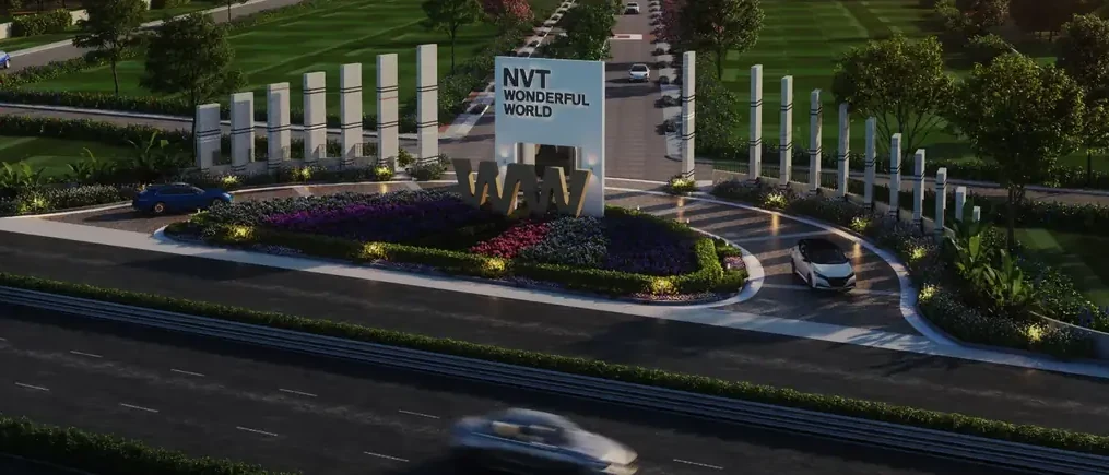 NVT A Wonderful World Eterna entrance plaza and signage seen from above, off Sarjapur–Attibele Road, developer artist impression