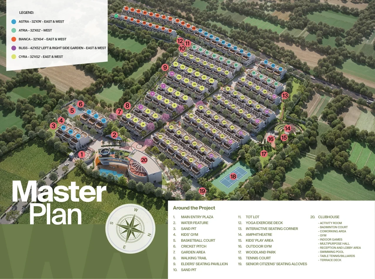 NVT A Wonderful World Eterna master plan showing 123 villas along the lake edge, with the villa-type legend and the numbered amenity key