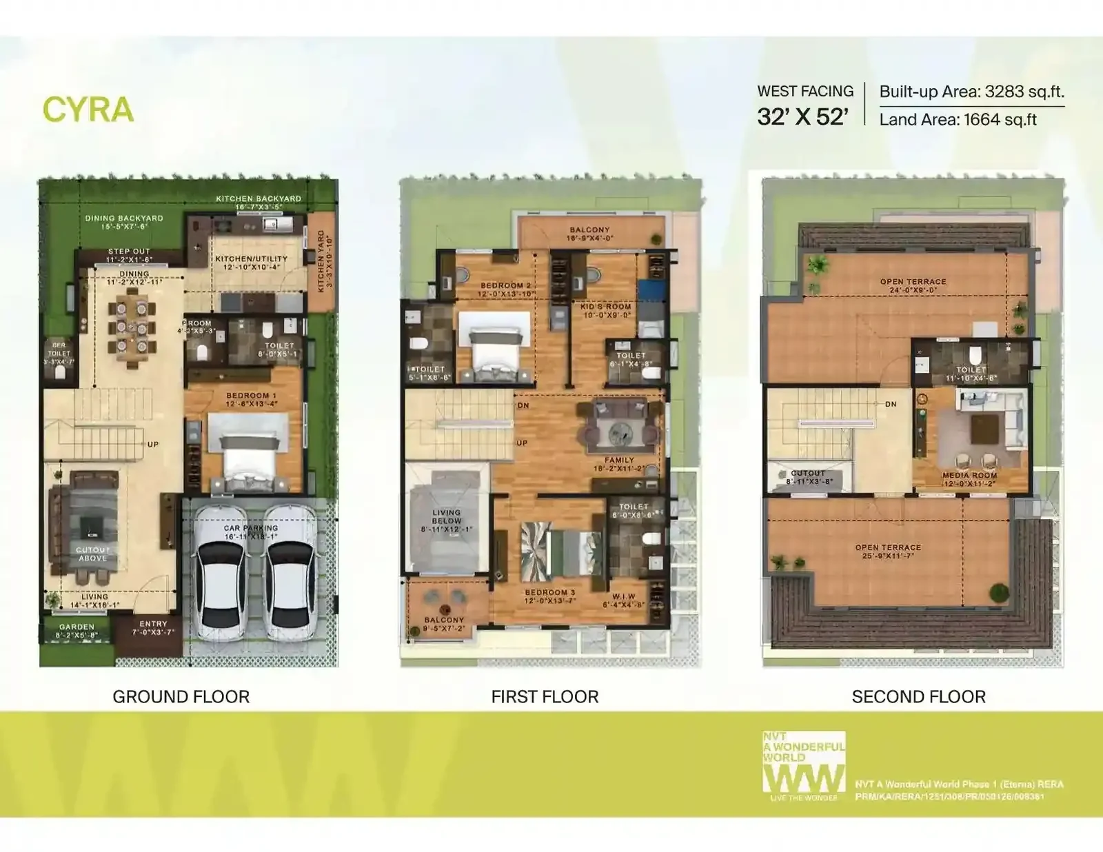 Cyra west-facing villa plan across ground, first and second floors, 3,283 sq.ft built-up on a 1,664 sq.ft plot, with room dimensions